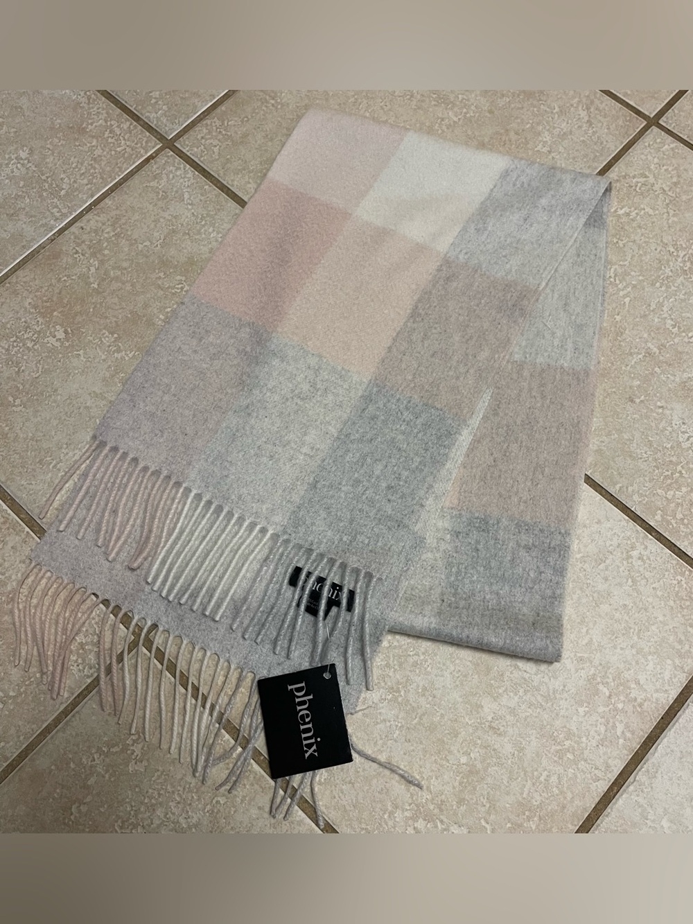 NEW Phenix 100% Cashmere Pink Gray Plaid Fringe Scarf Quite Luxury Neutral